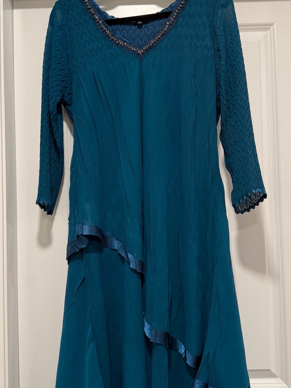 Komarov Teal Asymmetrical V-Neck Dress with Embellished Trim